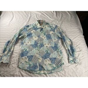 Brandolini Mens Blue White Patchwork Paisley Floral Long Sleeve Button Dwn Shirt